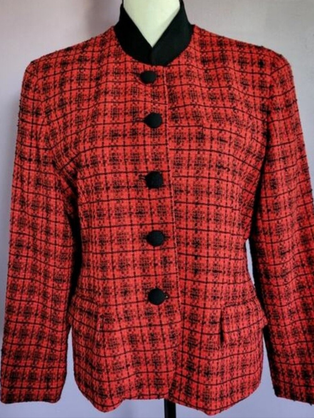 Vintage Saville Suit Petite Red & Black Tweed Plaid Wool Blend Buttoned Blazer